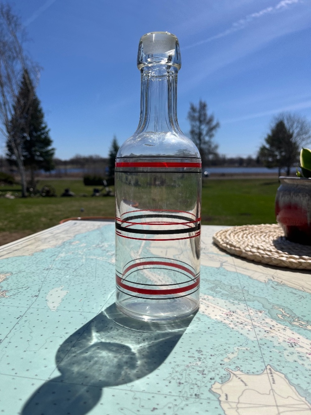 Vintage Black and Red Striped Glass Deco Bottle